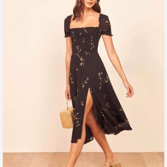 Reformation Black Floral Midi Dress XS Cottagecore Romantic Sustainable Chic - Picture 2 of 13
